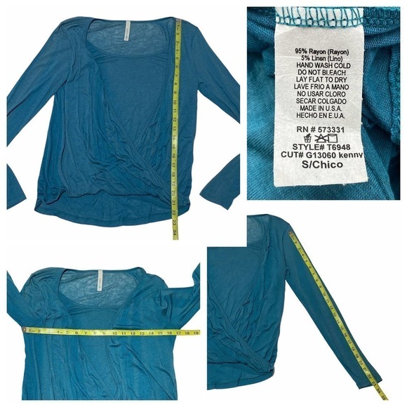 GILLIO Teal Blue Drapey Surplice Faux-Wrap Long Sleeve Blouse Small - Picture 12 of 12